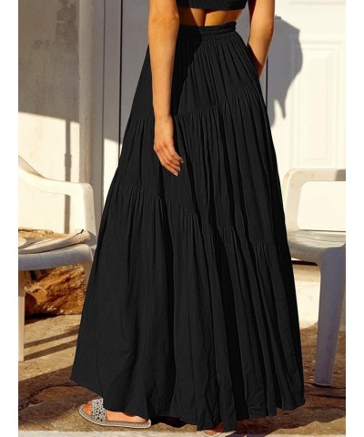 Women’s Boho Elastic High Waist Pleated A-Line Flowy Swing Asymmetric Tiered Maxi Long Skirt Dress with Pockets Black $21.65 ...