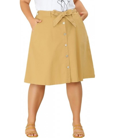 Plus Size Women's Denim Skirts Tie Waist A-Line with Pockets 2024 Summer Midi Jeans Skirts Khaki $19.60 Skirts