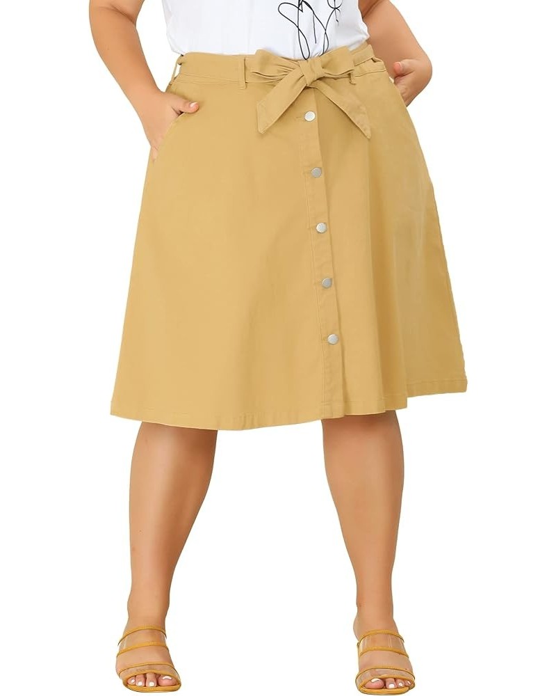 Plus Size Women's Denim Skirts Tie Waist A-Line with Pockets 2024 Summer Midi Jeans Skirts Khaki $19.60 Skirts