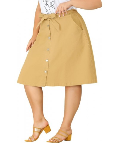 Plus Size Women's Denim Skirts Tie Waist A-Line with Pockets 2024 Summer Midi Jeans Skirts Khaki $19.60 Skirts