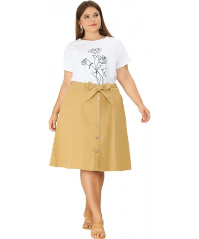 Plus Size Women's Denim Skirts Tie Waist A-Line with Pockets 2024 Summer Midi Jeans Skirts Khaki $19.60 Skirts