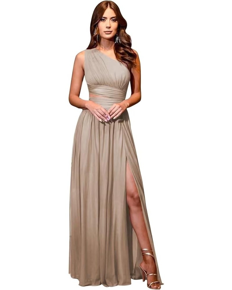 One Shoulder Bridesmaid Dresses for Women Long Chiffon Formal Evening Dress with Slit Taupe $23.32 Dresses