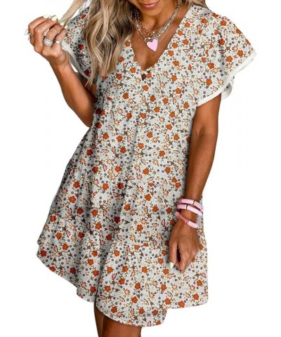 Womens Casual V Neck Flutter Short Sleeve Floral Dresses A-Line Smocked Dress,S-XL D-orange $17.33 Dresses