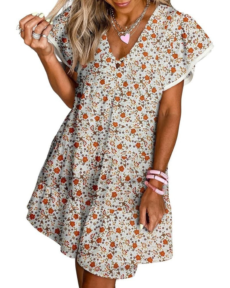 Womens Casual V Neck Flutter Short Sleeve Floral Dresses A-Line Smocked Dress,S-XL D-orange $17.33 Dresses