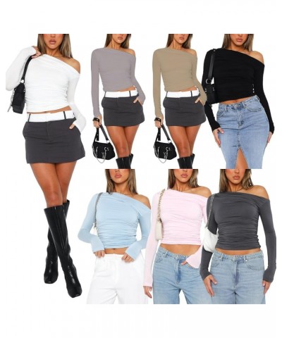 Womens Sexy Long Sleeve Off Shoulder Basic Fitted Crop Tops Y2k 2023 Fashion Backless Going Out Tight T-Shirt White One Shoul...