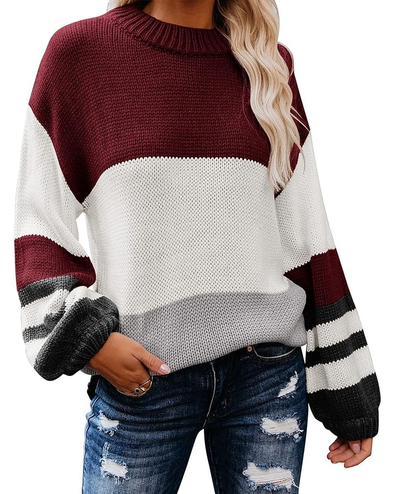 Women's Crew Neck Long Sleeve Color Block Knit Sweater Casual Pullover Jumper Tops K-wine $23.93 Sweaters