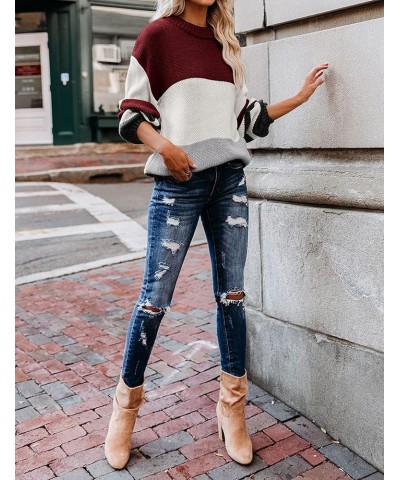 Women's Crew Neck Long Sleeve Color Block Knit Sweater Casual Pullover Jumper Tops K-wine $23.93 Sweaters