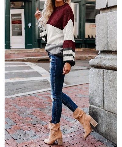 Women's Crew Neck Long Sleeve Color Block Knit Sweater Casual Pullover Jumper Tops K-wine $23.93 Sweaters