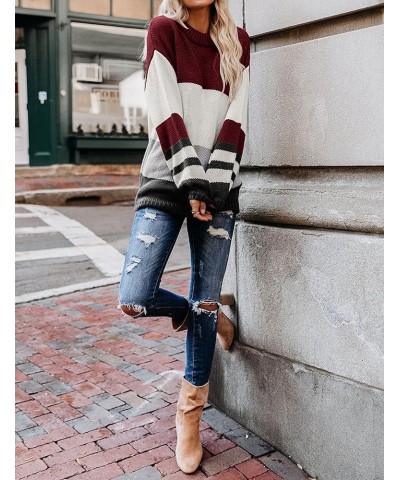 Women's Crew Neck Long Sleeve Color Block Knit Sweater Casual Pullover Jumper Tops K-wine $23.93 Sweaters