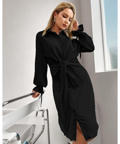 Fall Tie Front Mini Satin Shift Dress Button Down Shirt Dress Outfit Ribboned Puff Sleeve Casual Dress Silky Black $17.33 Dre...