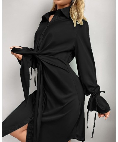 Fall Tie Front Mini Satin Shift Dress Button Down Shirt Dress Outfit Ribboned Puff Sleeve Casual Dress Silky Black $17.33 Dre...