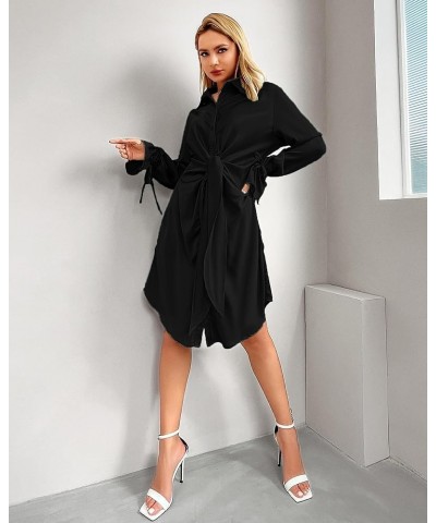 Fall Tie Front Mini Satin Shift Dress Button Down Shirt Dress Outfit Ribboned Puff Sleeve Casual Dress Silky Black $17.33 Dre...