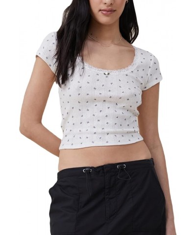 Women Y2k Lace Trim Short Sleeve Tees Elegant Square Neck Crop Tops Slim Fit Aesthetic Tshirt 2000s Streetwear A-flower $10.1...