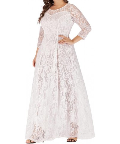 Women's Plus Size Floral Lace Wedding Dress 3 4 Sleeve Bridesmaid Evening Party Long Maxi Dresses with Pockets E-white $31.89...