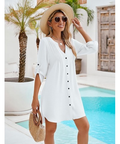 Women Beach Cover Ups V Neck Button Down Swimsuit Coverup Swimwear Bathing Suit Cover Up 2024 White $15.75 Swimsuits