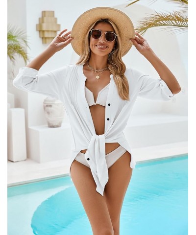 Women Beach Cover Ups V Neck Button Down Swimsuit Coverup Swimwear Bathing Suit Cover Up 2024 White $15.75 Swimsuits