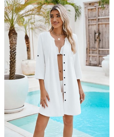 Women Beach Cover Ups V Neck Button Down Swimsuit Coverup Swimwear Bathing Suit Cover Up 2024 White $15.75 Swimsuits