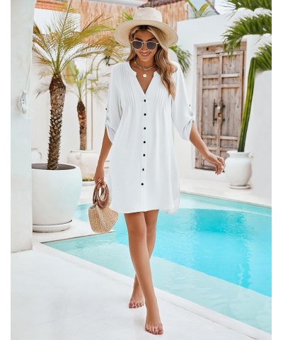 Women Beach Cover Ups V Neck Button Down Swimsuit Coverup Swimwear Bathing Suit Cover Up 2024 White $15.75 Swimsuits