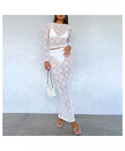 Women Lace 2 Piece Skirt Sets Slim Fit Backless Crop Top See Through Bodycon Long Skirt Sexy 2pc Maxi Skirt Outfits B-white C...