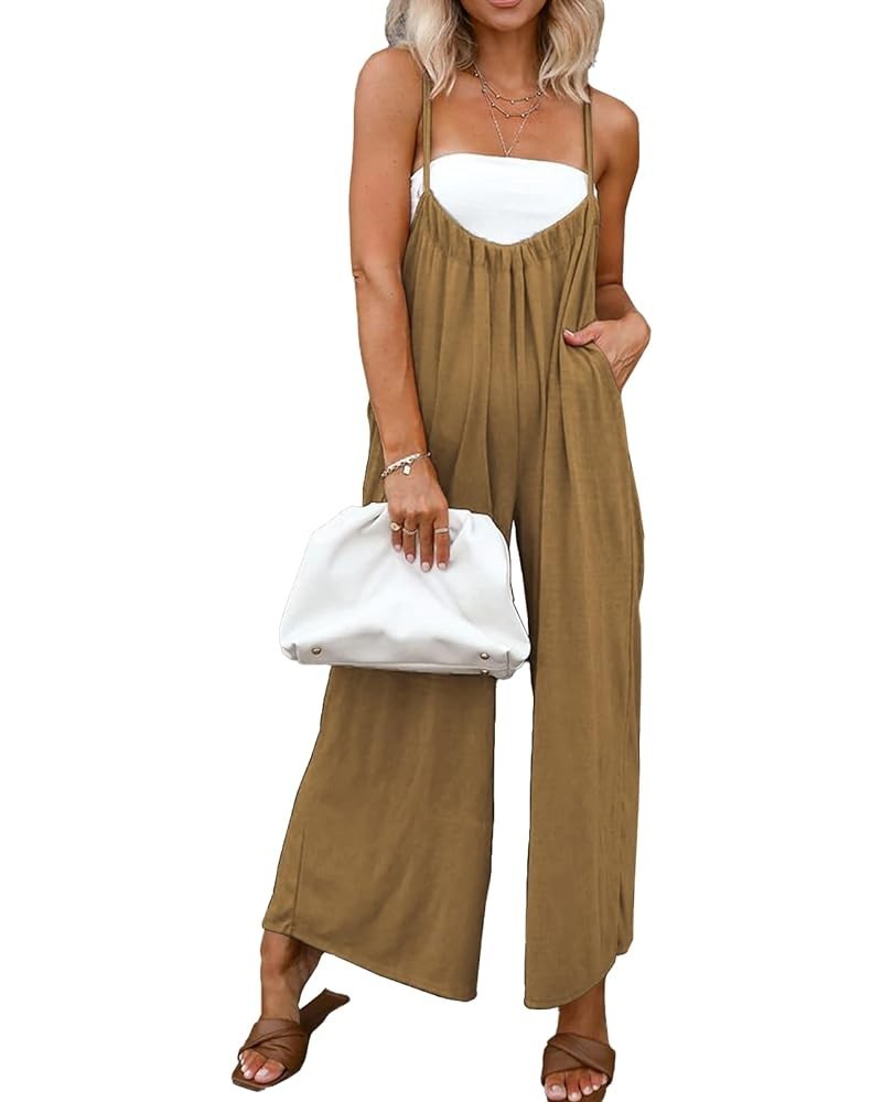 Women's Casual Loose Sleeveless Jumpsuits Adjustable Spaghetti Straps Wide Leg Baggy Overalls with Pockets Brown $18.69 Jumps...