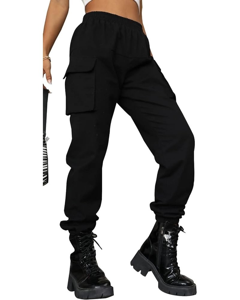 Women's High Waisted Jogger Pants Casual Flap Pocket Solid Outdoor Cargo Pants Black Black-2 $10.44 Pants