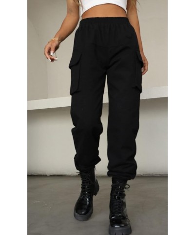 Women's High Waisted Jogger Pants Casual Flap Pocket Solid Outdoor Cargo Pants Black Black-2 $10.44 Pants