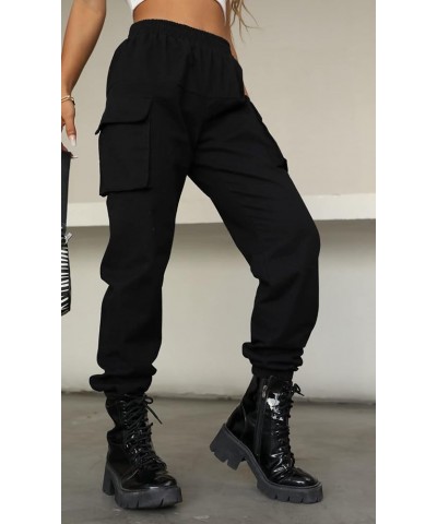 Women's High Waisted Jogger Pants Casual Flap Pocket Solid Outdoor Cargo Pants Black Black-2 $10.44 Pants