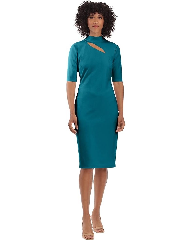 Women's Notch Neck Sleek Sheath Dress Office Workwear Keyhole - Ocean Depths $38.11 Dresses