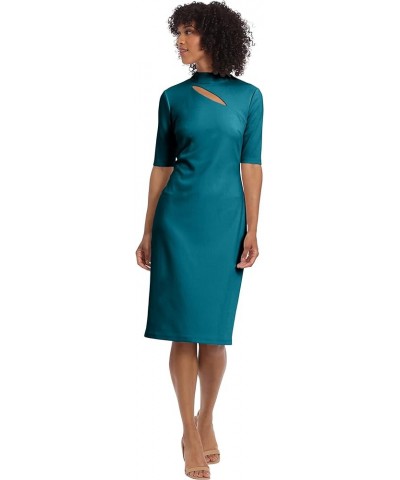 Women's Notch Neck Sleek Sheath Dress Office Workwear Keyhole - Ocean Depths $38.11 Dresses