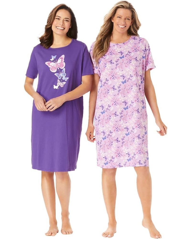 Women's Plus Size 2-Pack Short-Sleeve Sleepshirt Nightgown Plum Burst Floral Butterfly $18.19 Others