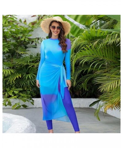 Women Burkini Swimsuits Modest Muslim Swimwear Islamic Long Sleeve Full Cover Swim Pants Rash Guard Sarongs Cover Ups Sky Blu...