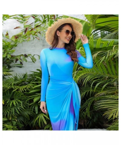 Women Burkini Swimsuits Modest Muslim Swimwear Islamic Long Sleeve Full Cover Swim Pants Rash Guard Sarongs Cover Ups Sky Blu...