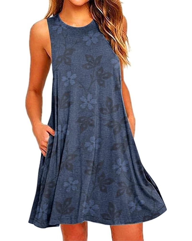 Summer Dresses for Women Beach Floral Tshirt Sundress Sleeveless Pockets Casual Loose Tank Dress Beach Mini Sundress Ss6-blue...