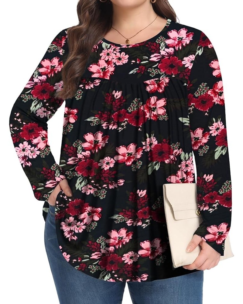 Women Plus Size Tops Fall Long Sleeve Shirts Crew Neck Casual Loose Tunic Blouse 1X-5X Black Begonia Flower $14.24 Tops