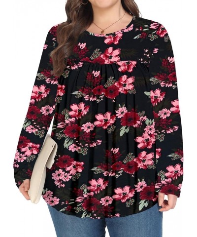 Women Plus Size Tops Fall Long Sleeve Shirts Crew Neck Casual Loose Tunic Blouse 1X-5X Black Begonia Flower $14.24 Tops