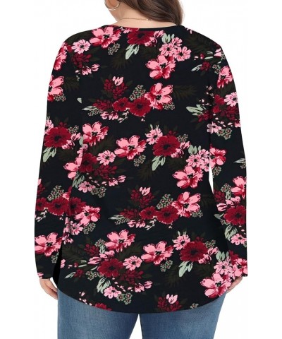 Women Plus Size Tops Fall Long Sleeve Shirts Crew Neck Casual Loose Tunic Blouse 1X-5X Black Begonia Flower $14.24 Tops