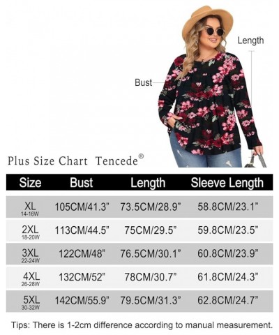 Women Plus Size Tops Fall Long Sleeve Shirts Crew Neck Casual Loose Tunic Blouse 1X-5X Black Begonia Flower $14.24 Tops