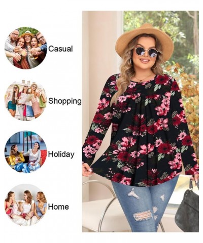 Women Plus Size Tops Fall Long Sleeve Shirts Crew Neck Casual Loose Tunic Blouse 1X-5X Black Begonia Flower $14.24 Tops