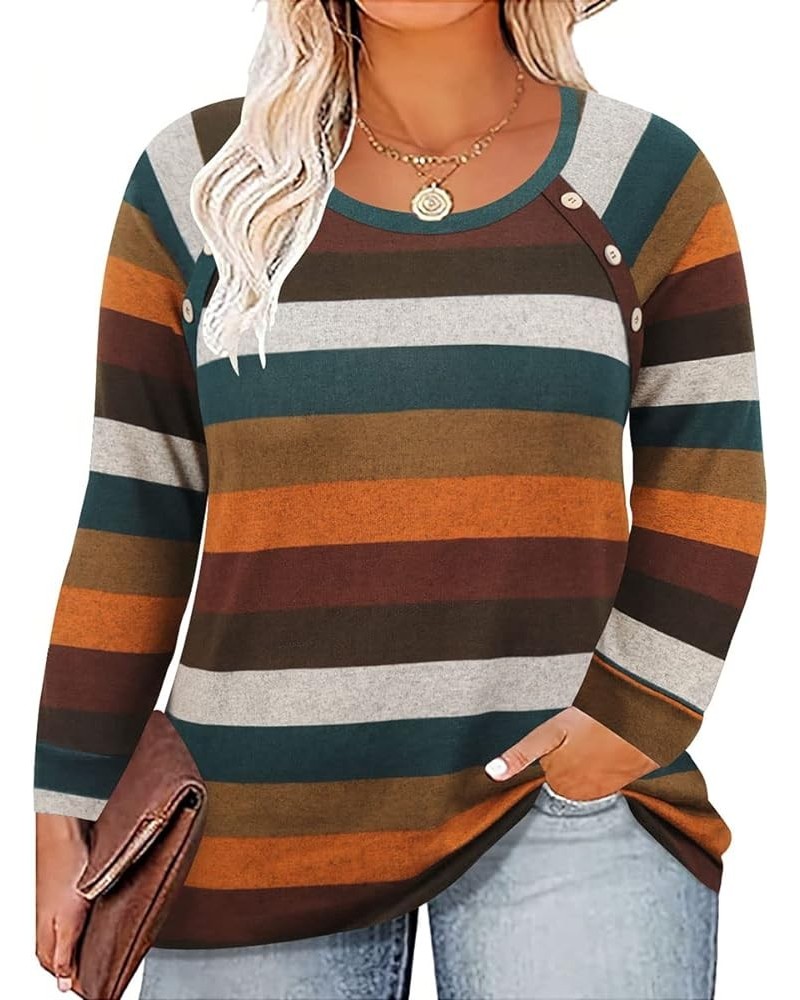 Plus Size Tops for Women Color Block Long Sleeve Striped Tunics Crewneck V Neck Fall Winter XL-5XL 05-striped $14.24 Tops