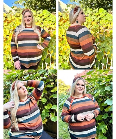 Plus Size Tops for Women Color Block Long Sleeve Striped Tunics Crewneck V Neck Fall Winter XL-5XL 05-striped $14.24 Tops