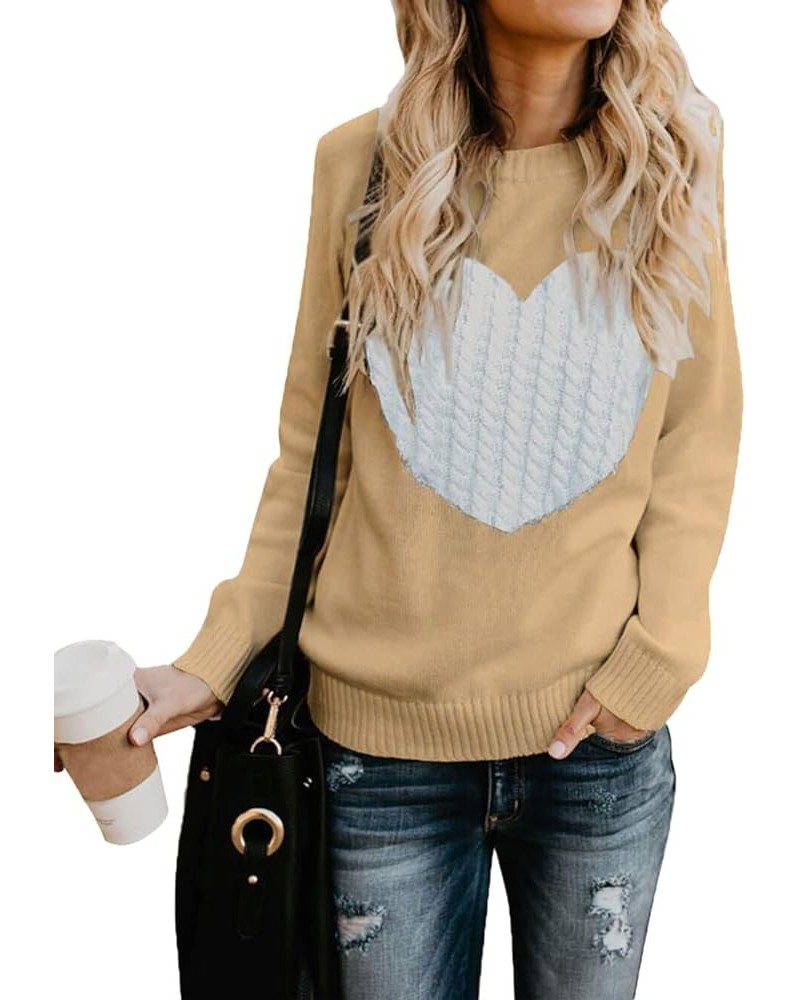 Women's Pullover Sweaters Long Sleeve Crewneck Front Ribbed Knitted Cute Heart Sweater 3032 Camel $16.77 Sweaters