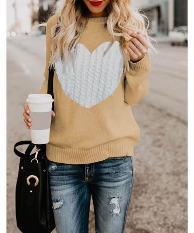 Women's Pullover Sweaters Long Sleeve Crewneck Front Ribbed Knitted Cute Heart Sweater 3032 Camel $16.77 Sweaters