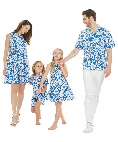 Matchable Family Hawaiian Luau Men Women Girl Boy Clothes in Classic Vintage Hibiscus Blue Women Women Fit and Flare $9.84 Je...