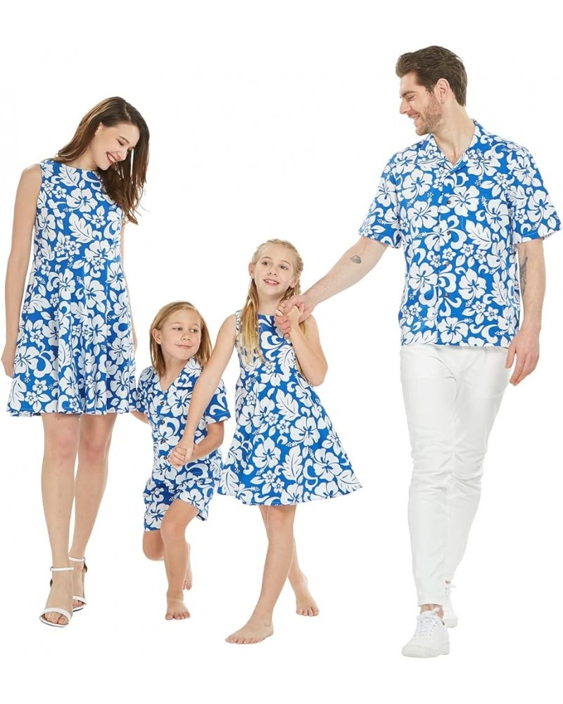 Matchable Family Hawaiian Luau Men Women Girl Boy Clothes in Classic Vintage Hibiscus Blue Women Women Fit and Flare $9.84 Je...