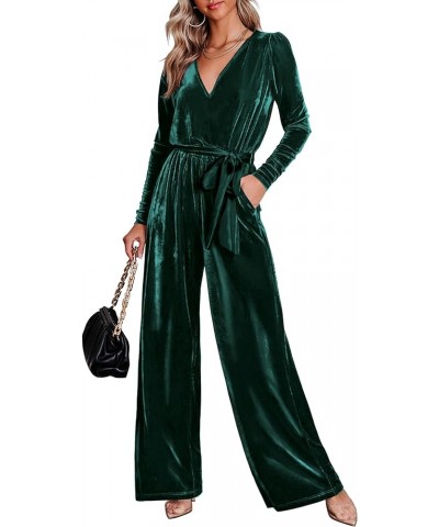 2023 Velvet Long Sleeve Wide Leg Jumpsuits for Women Dressy V Neck Belted Romper One Piece Fall Outfits with Pocket Dark Gree...