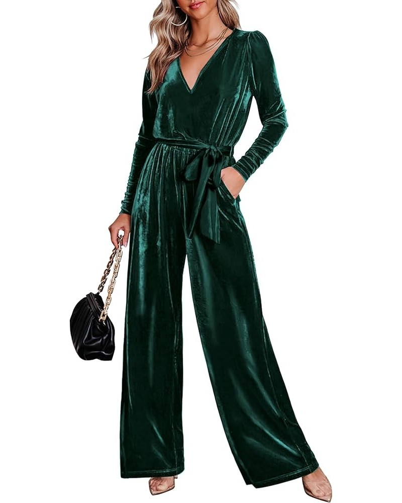 2023 Velvet Long Sleeve Wide Leg Jumpsuits for Women Dressy V Neck Belted Romper One Piece Fall Outfits with Pocket Dark Gree...