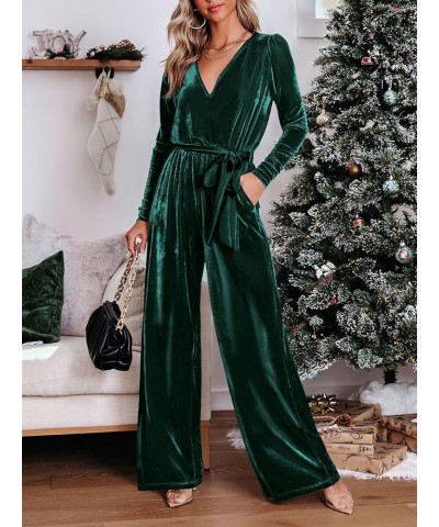 2023 Velvet Long Sleeve Wide Leg Jumpsuits for Women Dressy V Neck Belted Romper One Piece Fall Outfits with Pocket Dark Gree...