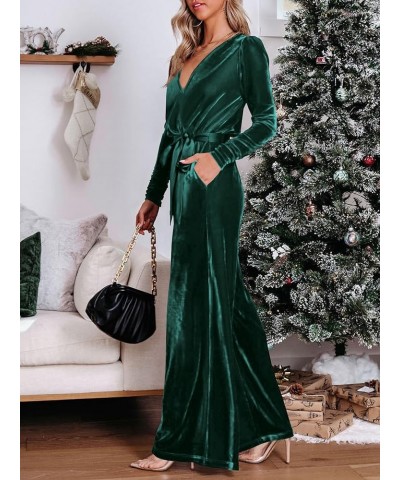 2023 Velvet Long Sleeve Wide Leg Jumpsuits for Women Dressy V Neck Belted Romper One Piece Fall Outfits with Pocket Dark Gree...