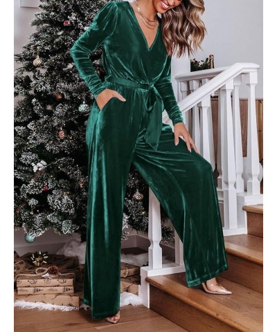 2023 Velvet Long Sleeve Wide Leg Jumpsuits for Women Dressy V Neck Belted Romper One Piece Fall Outfits with Pocket Dark Gree...