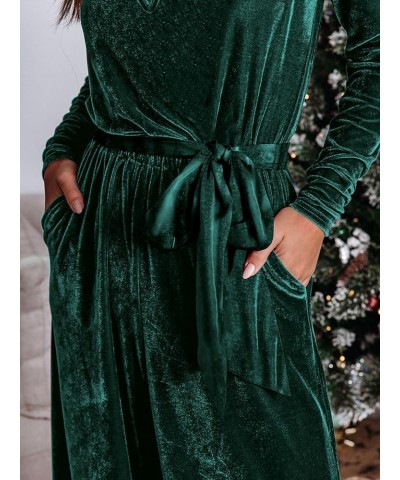 2023 Velvet Long Sleeve Wide Leg Jumpsuits for Women Dressy V Neck Belted Romper One Piece Fall Outfits with Pocket Dark Gree...